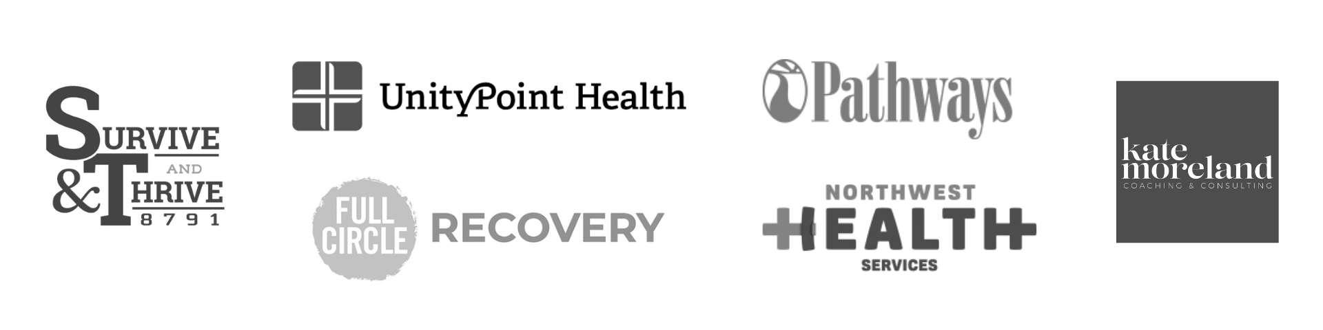 Logos for  Full Circle Recovery, Pathways Behavioral Services; Unity Point Black Hawk Grundy Mental Health Center; Northwest Health Services; Kate Moreland Coaching; Coach Tim Decorah / Survive and Thrive 8791.